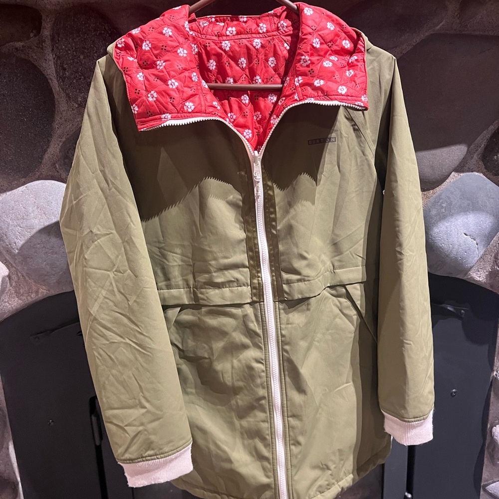 Burton Woman’s Army Green Coat with Red Floral Lining